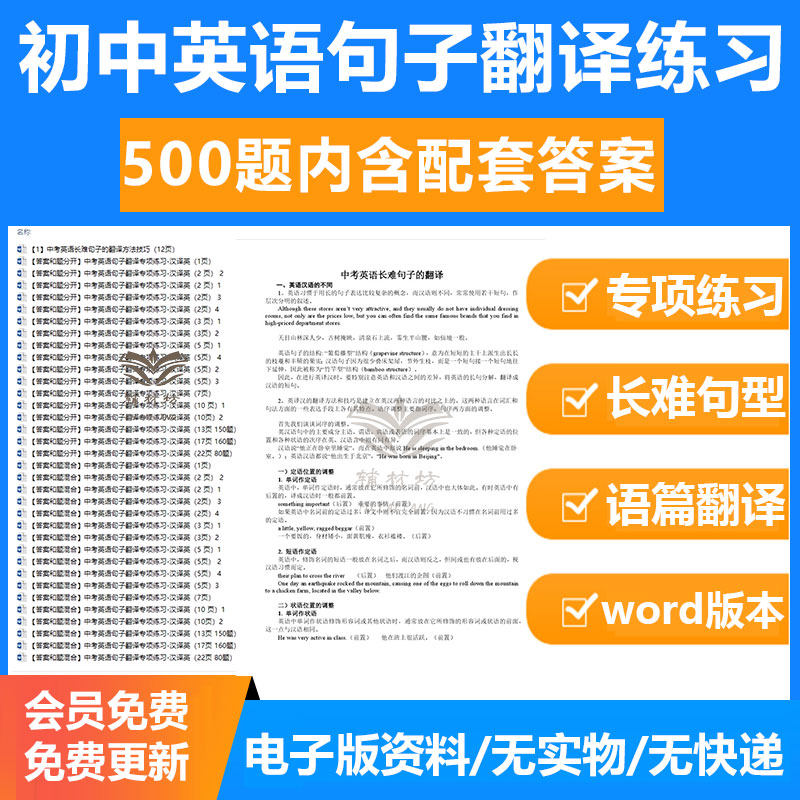 2026初中英语句子翻译练习中考英语句子翻译专项练习含答案汉译英长难句子翻译技巧电子版资料