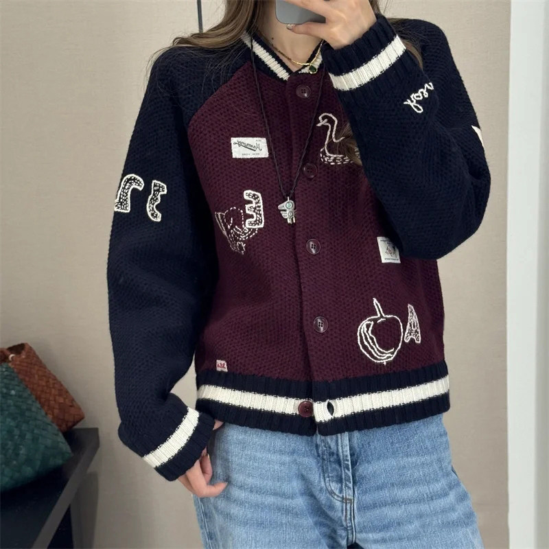 法式小众 2025秋冬复古针织棒球服刺绣鸭子字母拼色落肩夹克女
