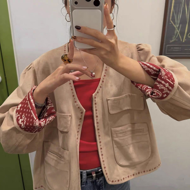 韩国小众2026早春双面穿复古绒面印花内衬拉链U领泡泡袖外套女,女装/女士精品,短外套,淘宝优惠券,粉丝福利购,淘宝优惠卷