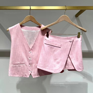 法单M家2025春夏新款简约单排扣V领西装马夹休闲短裙裤粉色套装
