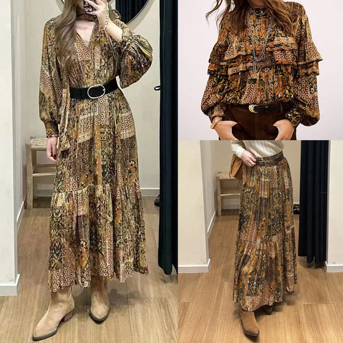 法式小众2025秋冬金丝印花V领飘带收腰连衣裙圆领上衣半身裙女