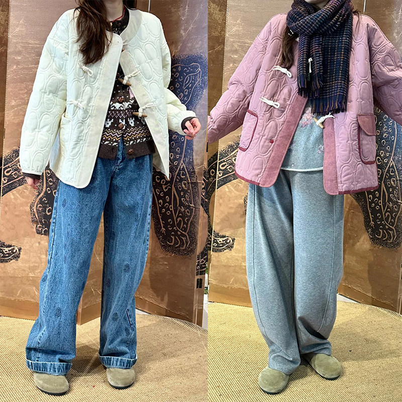 法式小众 2025秋冬新经典牛角扣拱门绗缝圆领宽松轻薄棉服外套女