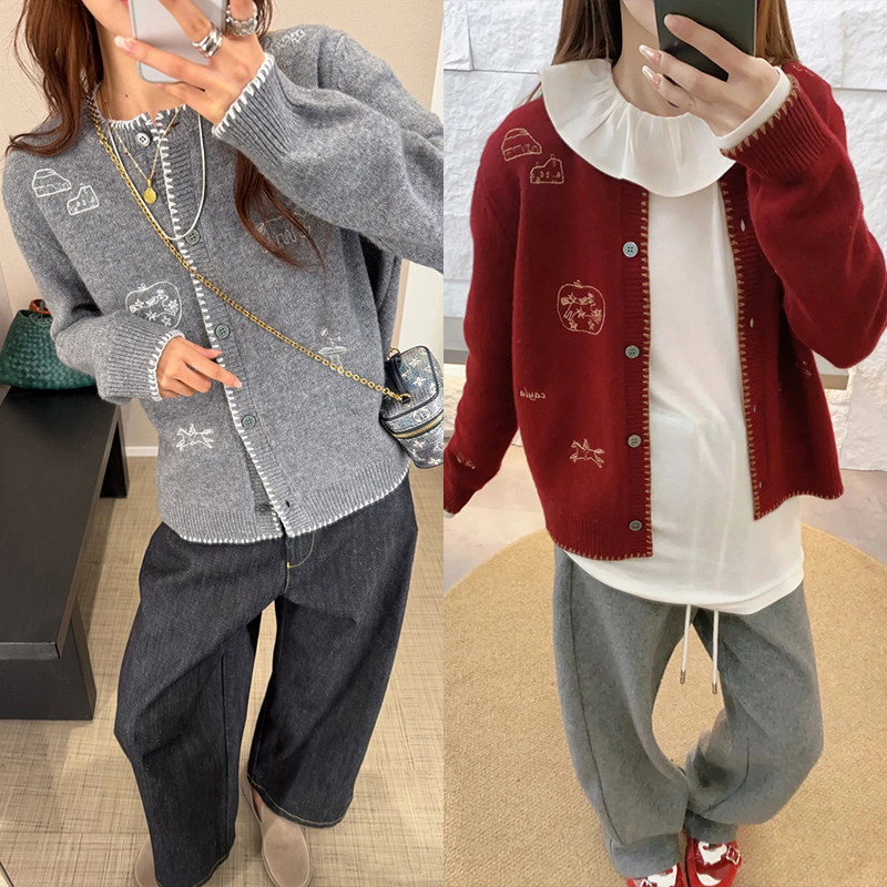 法式小众 2026早春田园牧马金线刺绣锁边单排扣圆领针织开衫女