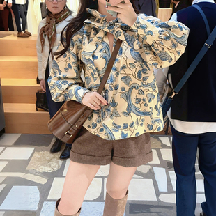 法式小众 2026早春宫廷复古花鸟印花棉质褶皱领飘带套头衬衫女