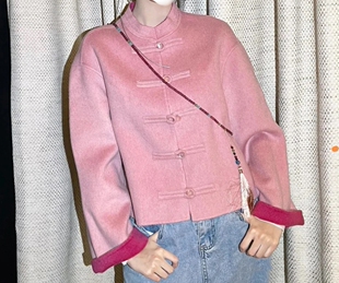 法式小众2025早春新款姜妍同款粉色新中式双面呢外套盘扣短上衣