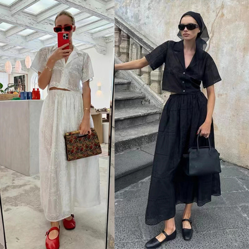 法式小众 2025春夏新款精美刺绣透视感西装领短上衣轻奢半裙套装