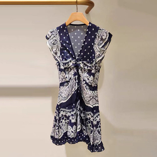 法单S家2025夏季新款时尚单品V领对花抽褶收腰轻薄荷叶边连衣裙女