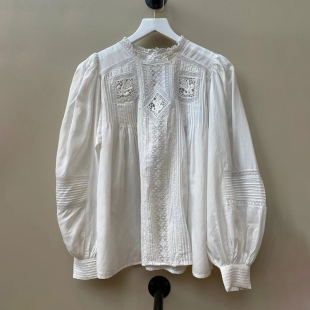 纯色罩衫 法式 优雅立领蕾丝镶嵌镂空花朵灯笼袖 2025早春新款 小众