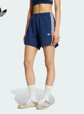 adidas阿迪达斯三叶草2026秋女休闲纯棉三条纹运动针织短裤KG3696