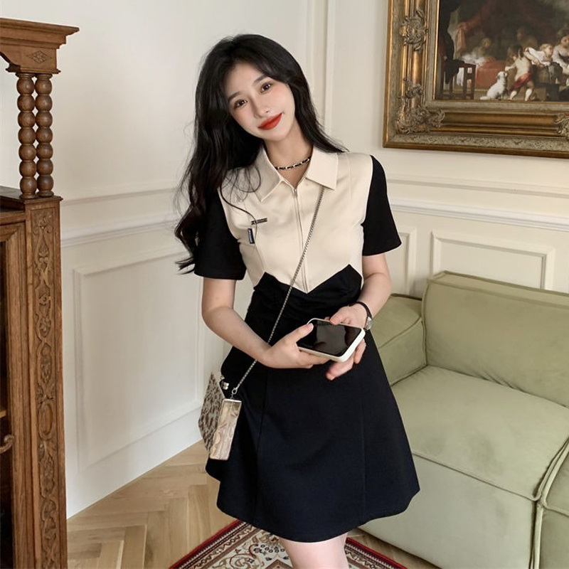 撞色设计感开叉连衣裙女