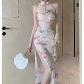 新款 新中式 高级改良旗袍连衣裙女2024夏季 气质开叉性感包臀长裙子