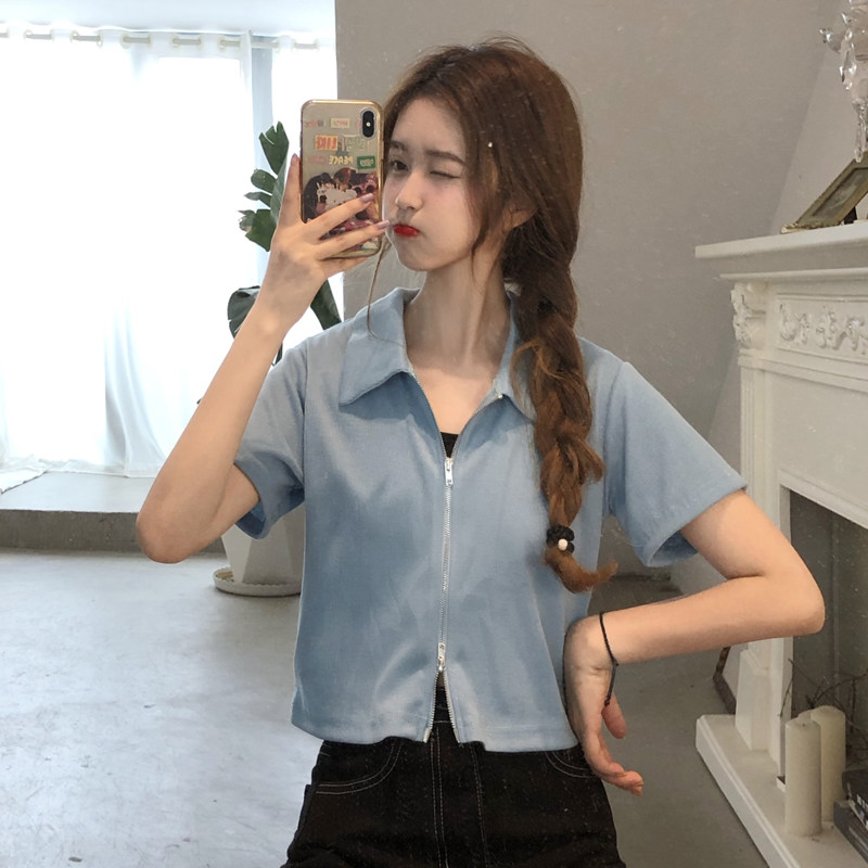夏季韩版2020新款修身短款拉链短款POLO领网红短袖女衬衫上衣女装