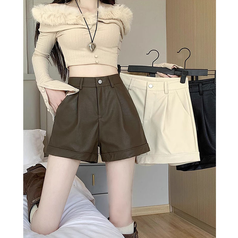pu皮裤女高腰直筒咖色短裤女2024春季新款百搭宽松休闲显瘦阔腿裤,女装/女士精品,休闲裤,淘宝优惠券,粉丝福利购,淘宝优惠卷