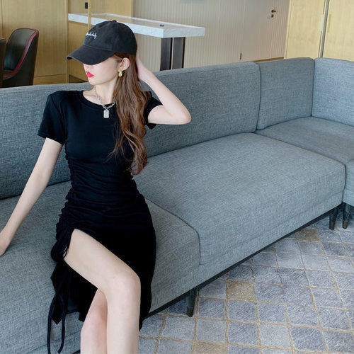 抽绳连衣裙女开叉高级感短袖裙子