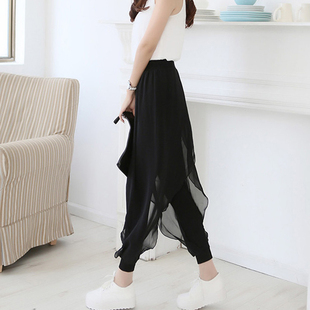 春夏雪纺哈伦裤 休闲网纱灯笼裤 假两件小脚九分裤 女裤 大码 2022新款