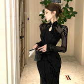 新中式 改良旗袍黑色网纱连衣裙女春秋新款 气质显瘦性感包臀长裙子