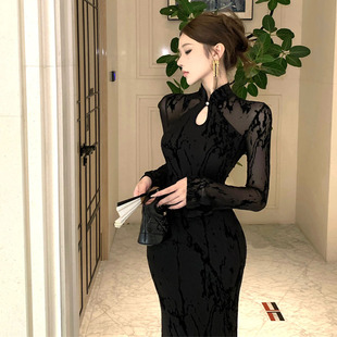 新中式改良旗袍黑色网纱连衣裙女春秋新款气质显瘦性感包臀长裙子