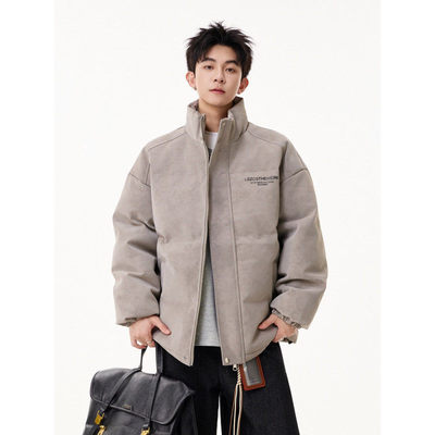 黑色短款高街PU皮面包羽绒服男