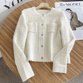 轻奢M 2022秋星空立体肌理感亮丝提花小香风圆领针织开衫 毛衣外套