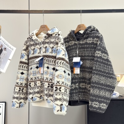 大厂订单！休闲连帽加厚保暖费尔岛仿羊羔绒双面绒夹克冬季外套