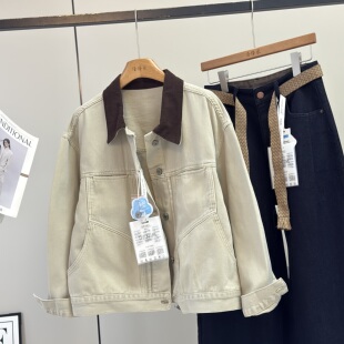 大厂订单！美式复古灯芯绒翻领巴恩风全棉休闲夹克春短款牛仔外套