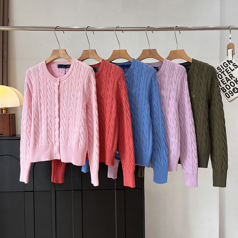 渠道货！美式复古小马刺绣圆领绞花宽松短款全棉针织开衫毛衣外套