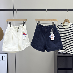 女夏 直筒阔腿热裤 显瘦四面弹 复古双扣高腰莱卡棉A字牛仔短款