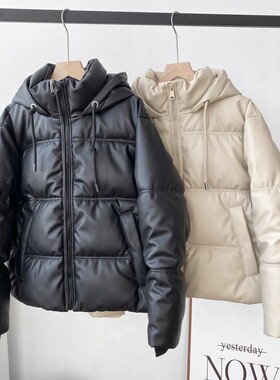 西班牙单~Z系の冬2023百搭连帽宽松仿皮拉链加厚保暖棉衣夹克外套