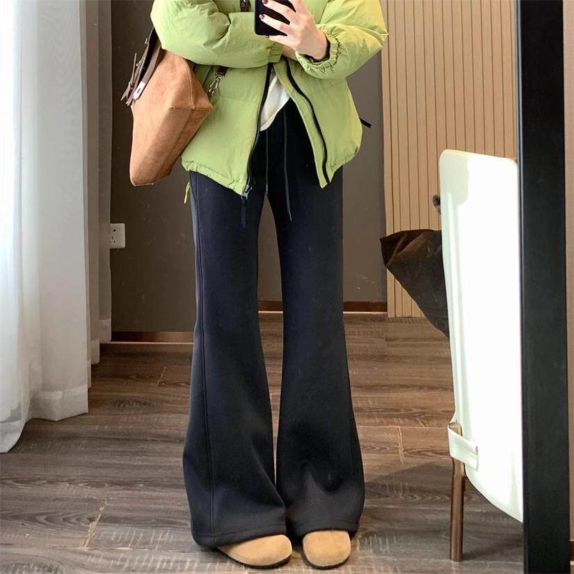 LU系同款の秀美腿~奥利绒弹力显瘦加绒保暖瑜伽微喇裤休闲冬卫裤