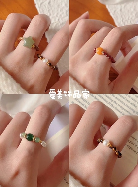 爱美饰品家新天然石榴石库克珍珠串珠戒指女和田玉蜜蜡指环食指戒