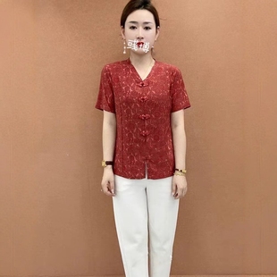 短袖 夏季 T恤上衣 盤扣顯瘦減齡媽媽裝 女中年時尚 氣質(zhì)新款 洋氣小衫