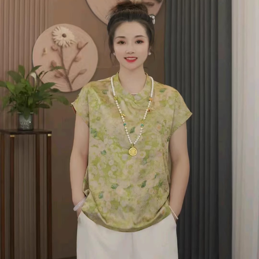 新中式国风短袖小衫夏季新款时尚气质百搭减龄碎花立领T恤女上衣
