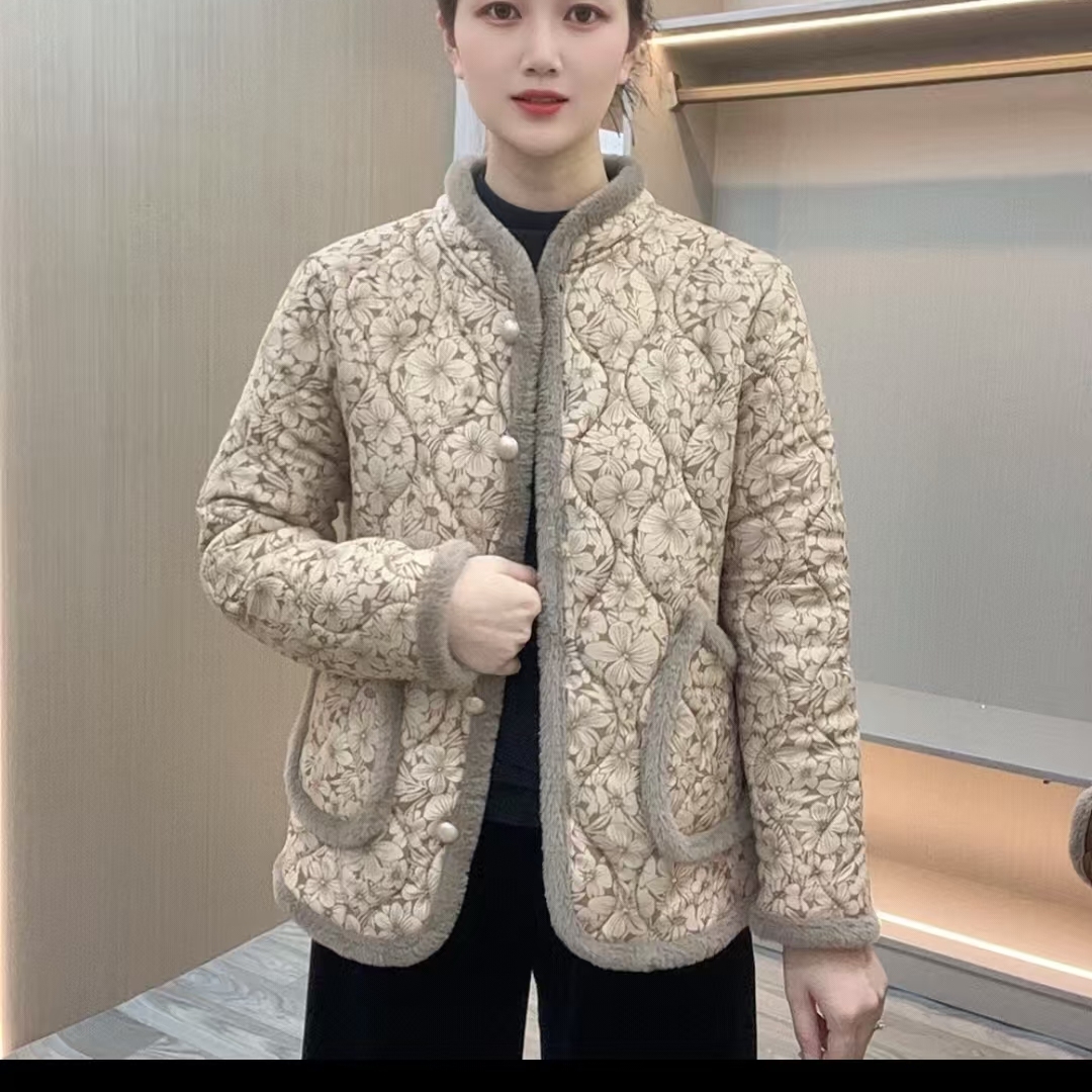 松紧新款民族风盘扣加绒加厚棉衣妈妈装洋气减龄浮花棉袄外套女