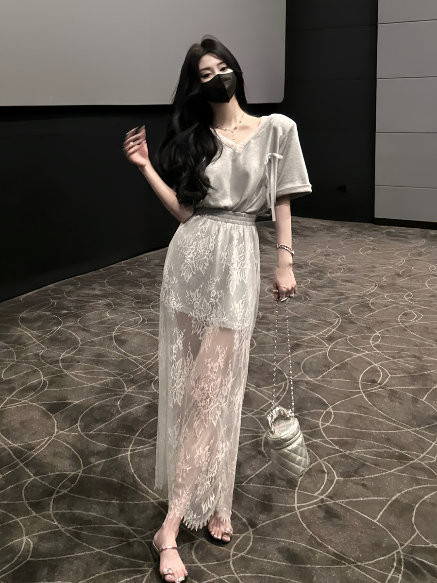 欧货个性慵懒名媛时尚蝴蝶结短袖上衣拼后开叉蕾丝半身裙两件套女