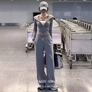 小个子休闲时尚后背绑绳收腰连帽卫衣外套抽绳直筒阔腿裤两件套潮