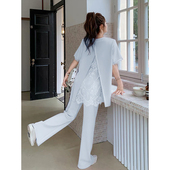 小众简约慵懒气质减龄显瘦蕾丝拼接上衣休闲慵懒设计感长裤 两件套