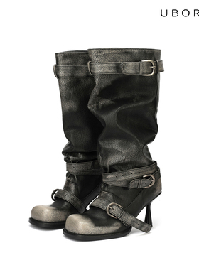 UBORYA设计师荆棘遗骸圆头擦色牛皮皮带复古做旧高跟西部堆堆靴