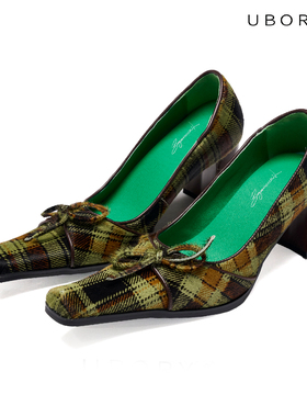 UBORYA设计师品牌/西游妖魔/英伦风绿格纹小众马毛异型方头鞋