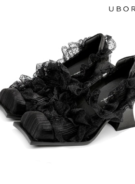 UBORYA设计师原创/永末日·黑色花黑寡妇蕾丝褶皱方头粗跟女鞋