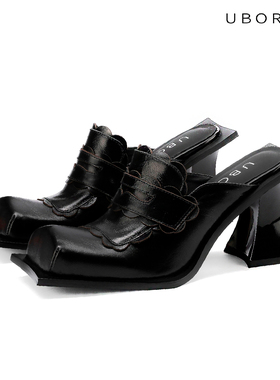 UBORYA女鞋单鞋新款浅口方头真皮时尚玛丽珍夏季黑色花一脚蹬