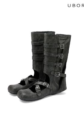 UBORYA设计师原创平底镂空芭蕾长靴朋克手工黑色斑驳感真皮女靴