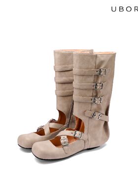 UBORYA设计师原创平底芭蕾镂空中筒靴朋克手工真皮女靴