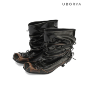 UBORYA原创设计褶皱方头擦色小猫跟阔筒朋克芭蕾靴蝴蝶结