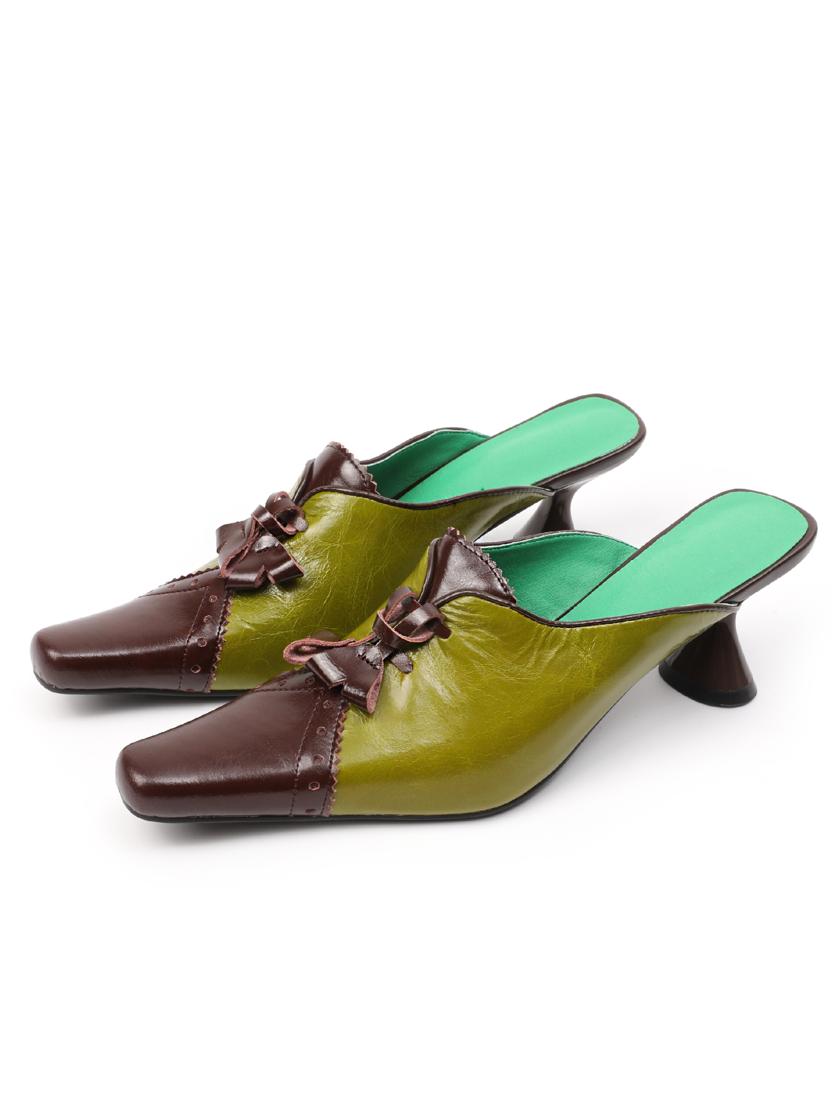 中古感复古vintage小众油蜡牛皮橄榄绿色酒杯跟手工女凉拖鞋