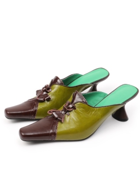 中古感复古vintage小众油蜡牛皮橄榄绿色酒杯跟手工女凉拖鞋