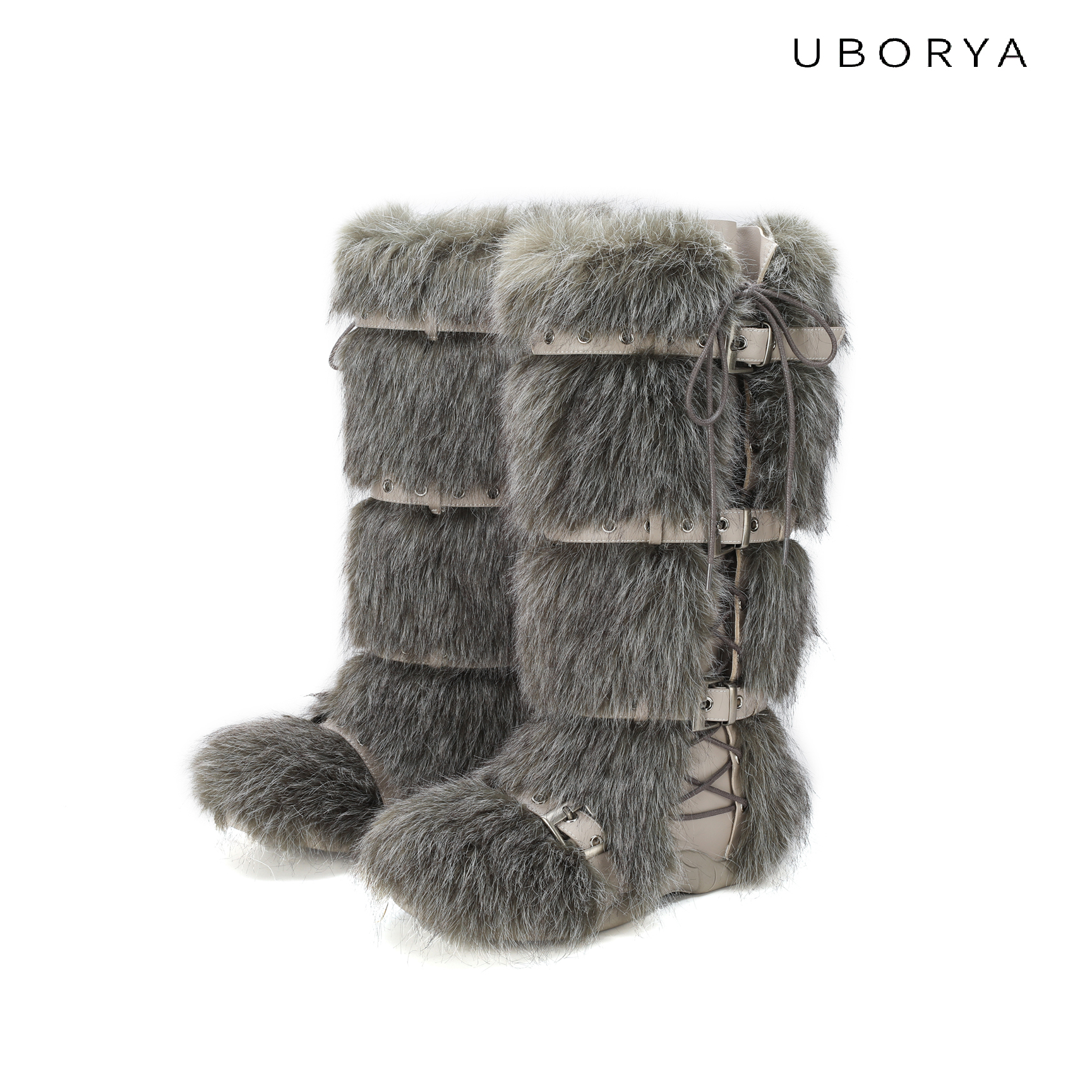 仿狐狸毛毛朋克绑带靴