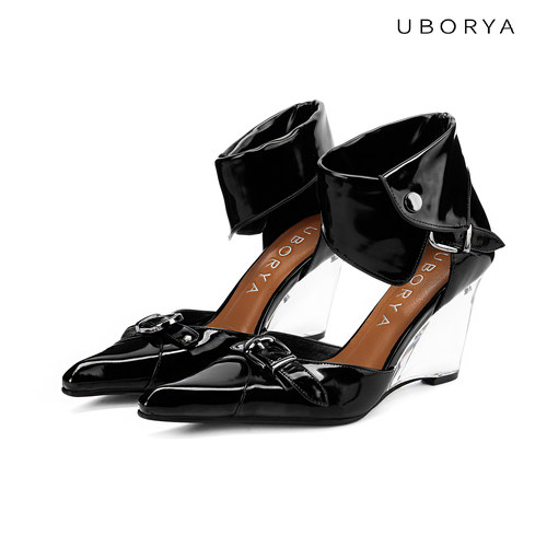 UBORYA黑牛皮尖头隐形高跟鞋