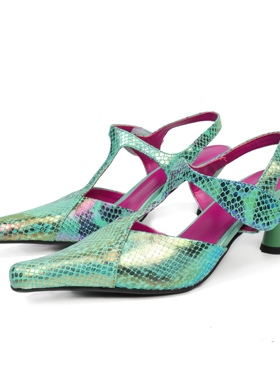 Y2K辣妹幻彩中古改良极光紫蛇纹牛皮手工女凉鞋