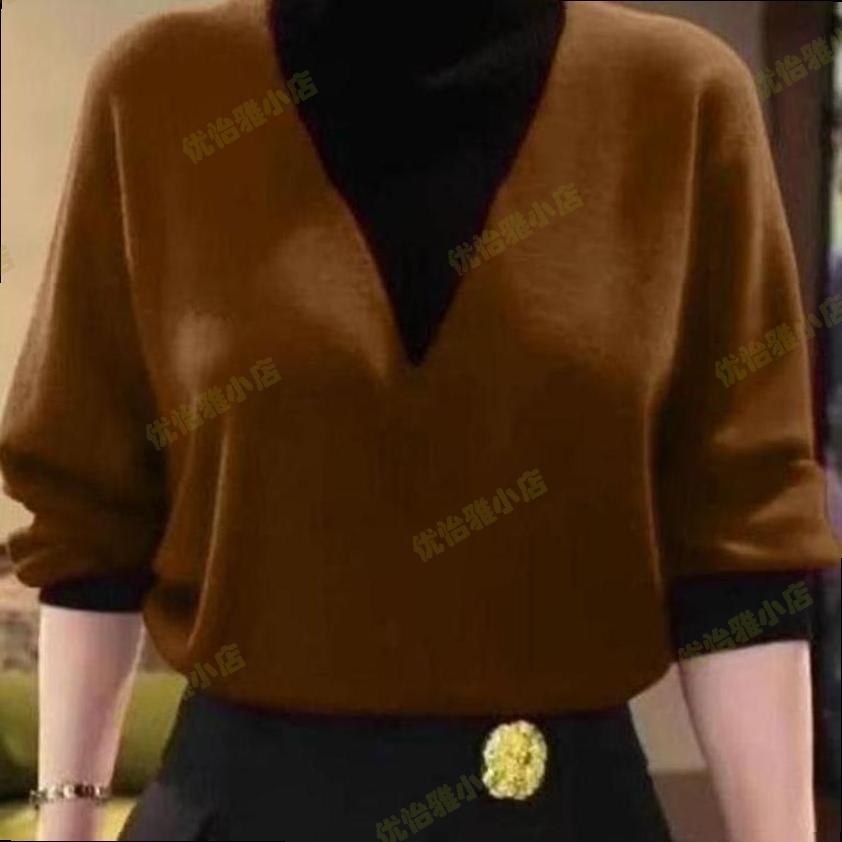 中年妈妈秋冬季百搭假两件德绒衫半高领撞色衬衫打底衫女新款打底