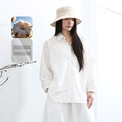 日系复古100%匹马棉宽松衬衫女